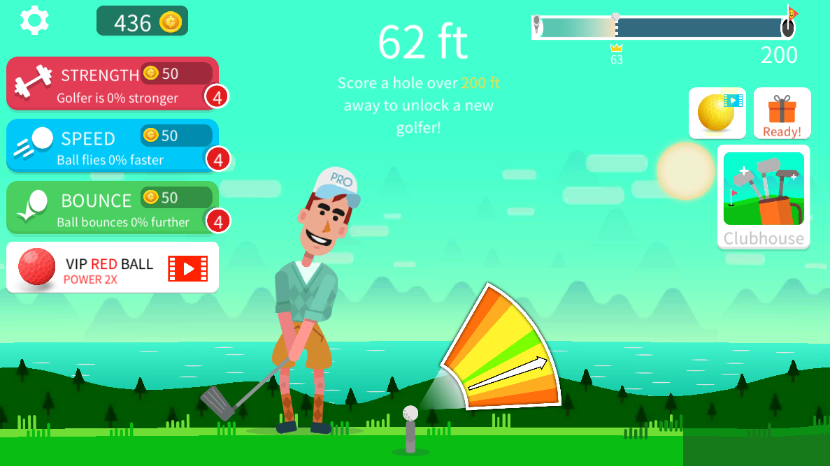 Golf Orbit game screenshot showing a ball in motion on a colorful, whimsical course